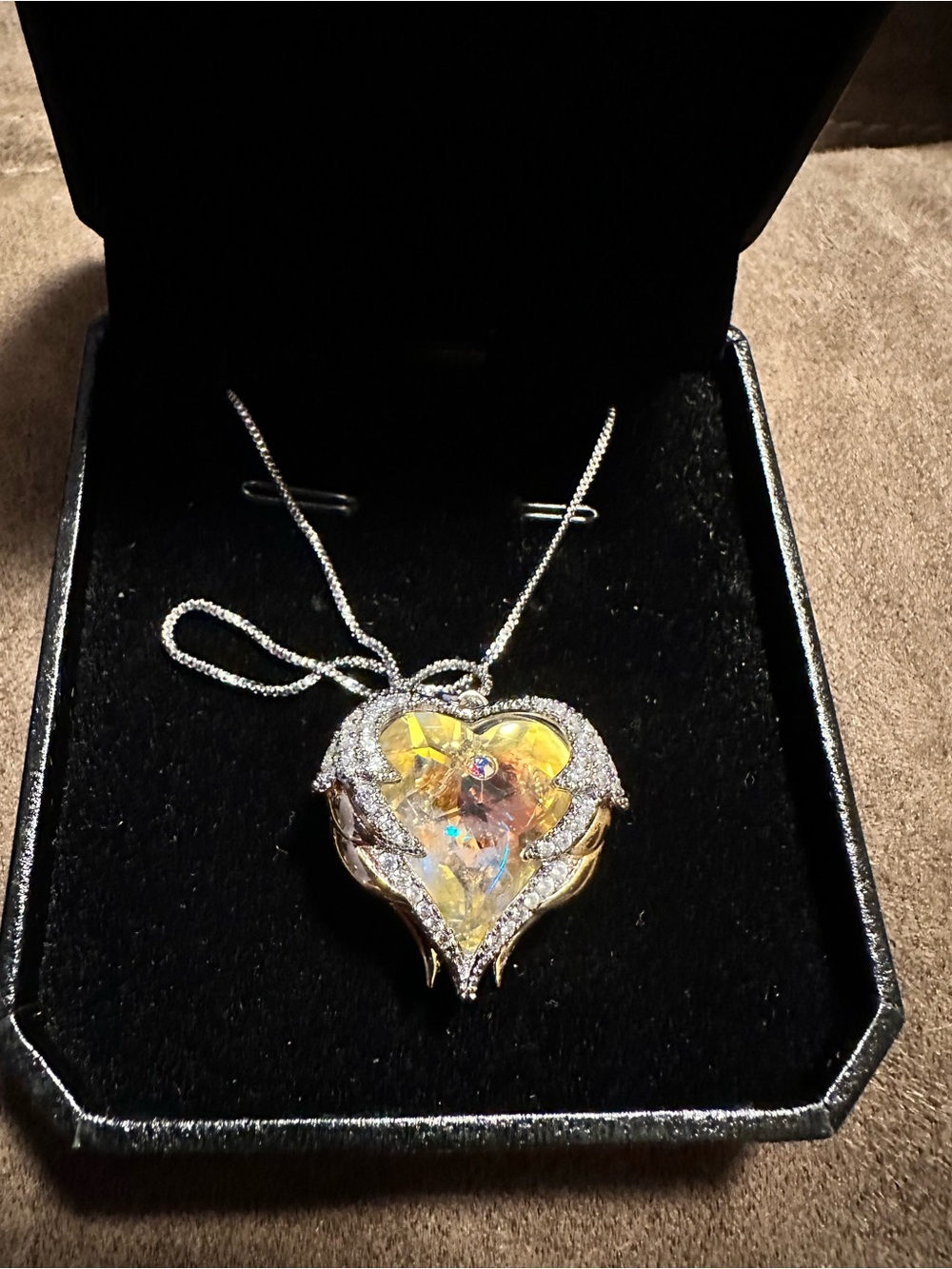 Heart-Shaped Aurora Crystal Pendant Necklace in Gold and Silver